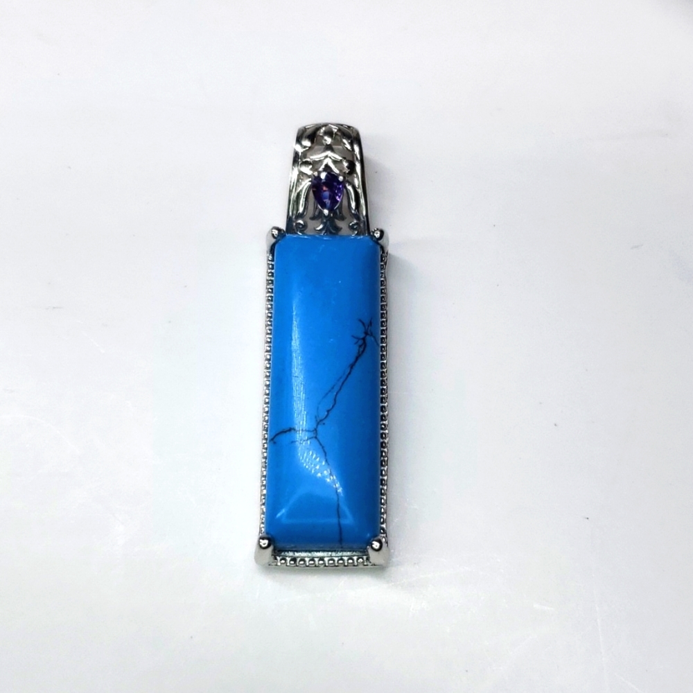 Karis Blue Howlite Purple CZ Pendant In Platinum Bond Brass NWT